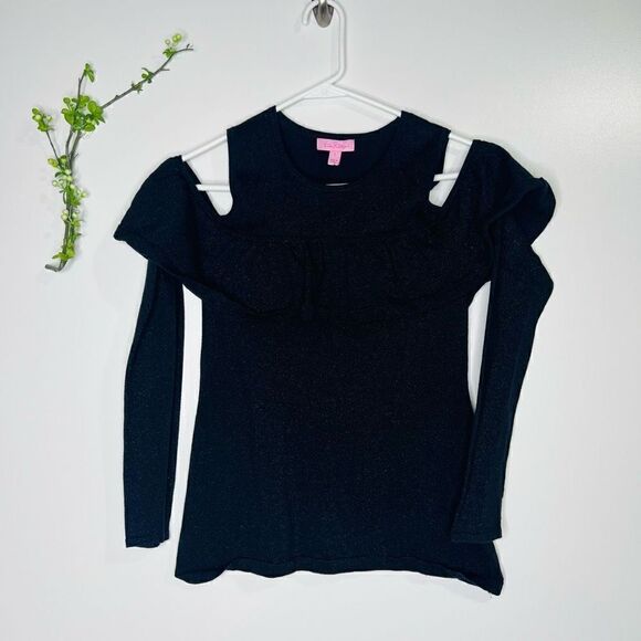 Lilly Pulitzer Black Sparkle Long Sleeve Cold Shoulder Shirt Top - Picture 1 of 7